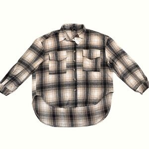 MIOU MUSE Plaid Flannel Shacket  Button Down Shirt Womens M L Beige Brown